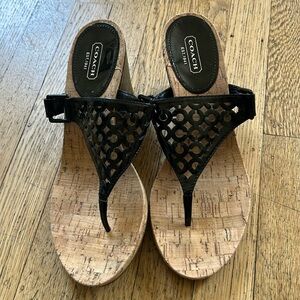 Coach Sandals Black Patent Leather Wedge